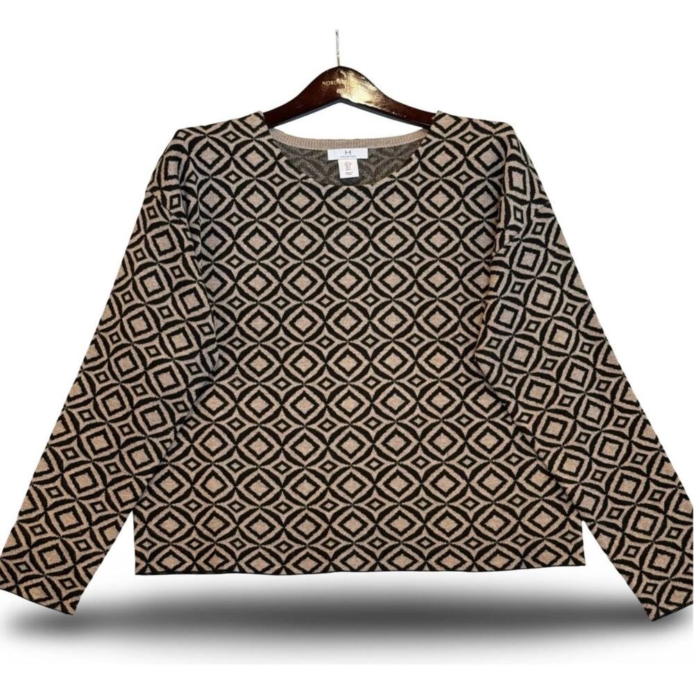 Halston Geometric Knit Sweater Black Beige Long Sleeve Sz. L